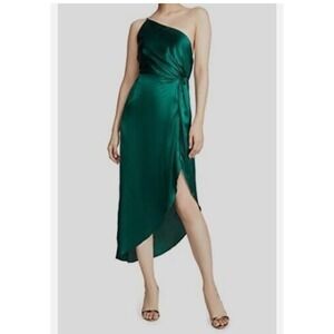 Emerald Green Satin One Shoulder Knot Front Midi‎ Dress Small